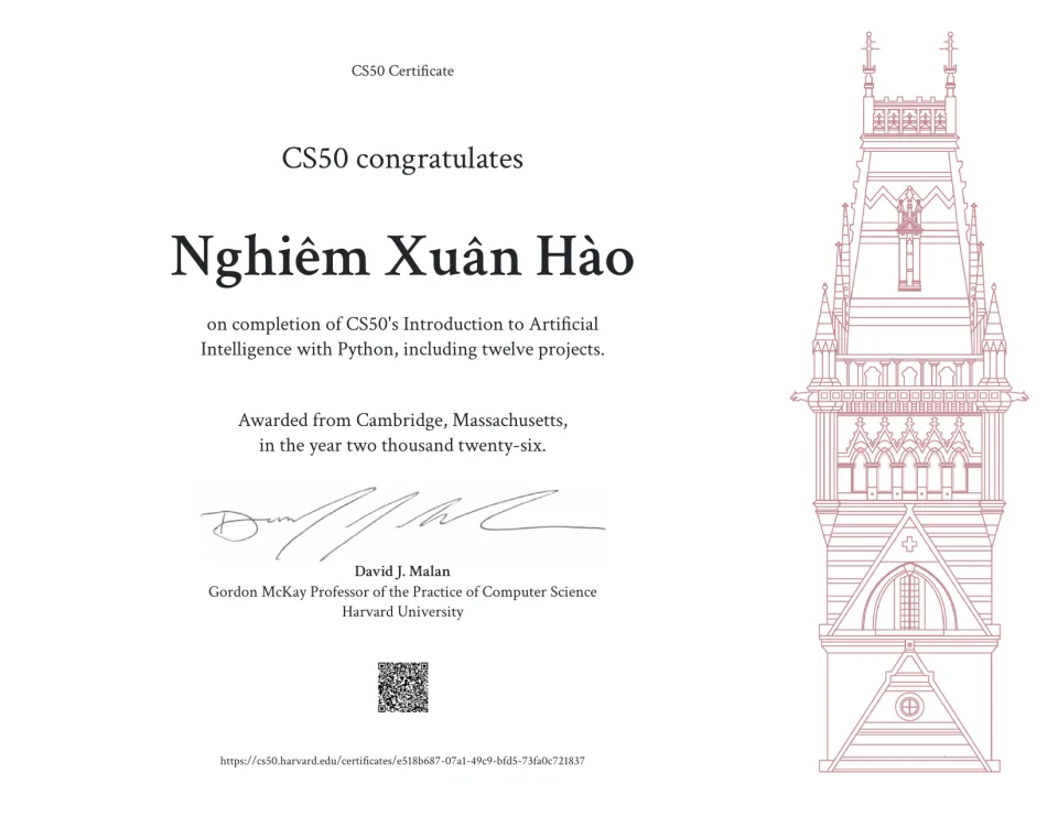 Chứng chỉ CS50's Introduction to Artificial Intelligence with Python cấp cho Nghiêm Xuân Hào