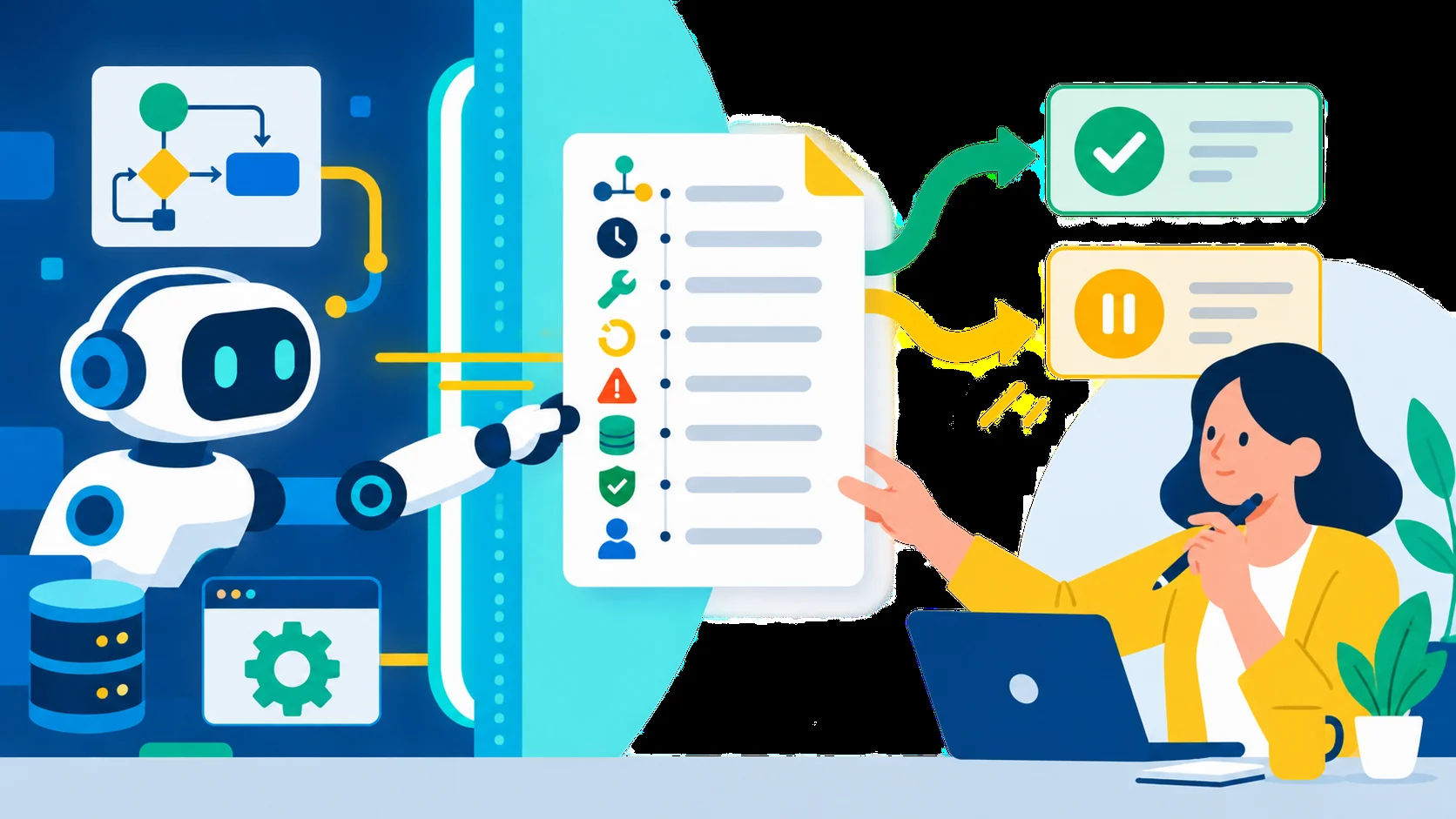 AI agent chuyển một biên bản sự cố có cấu trúc cho người duyệt, người này chọn tiếp tục hoặc tạm dừng.