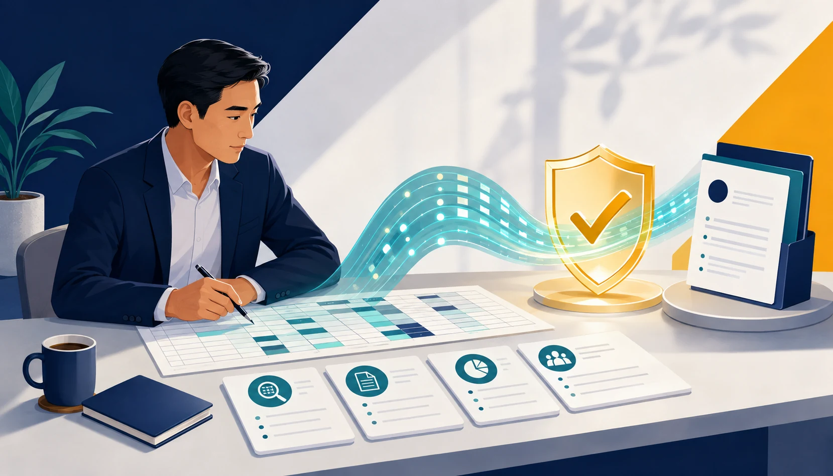 Nhà tư vấn xem bảng dữ liệu, luồng hỗ trợ phân tích và cổng kiểm duyệt của con người trước báo cáo.