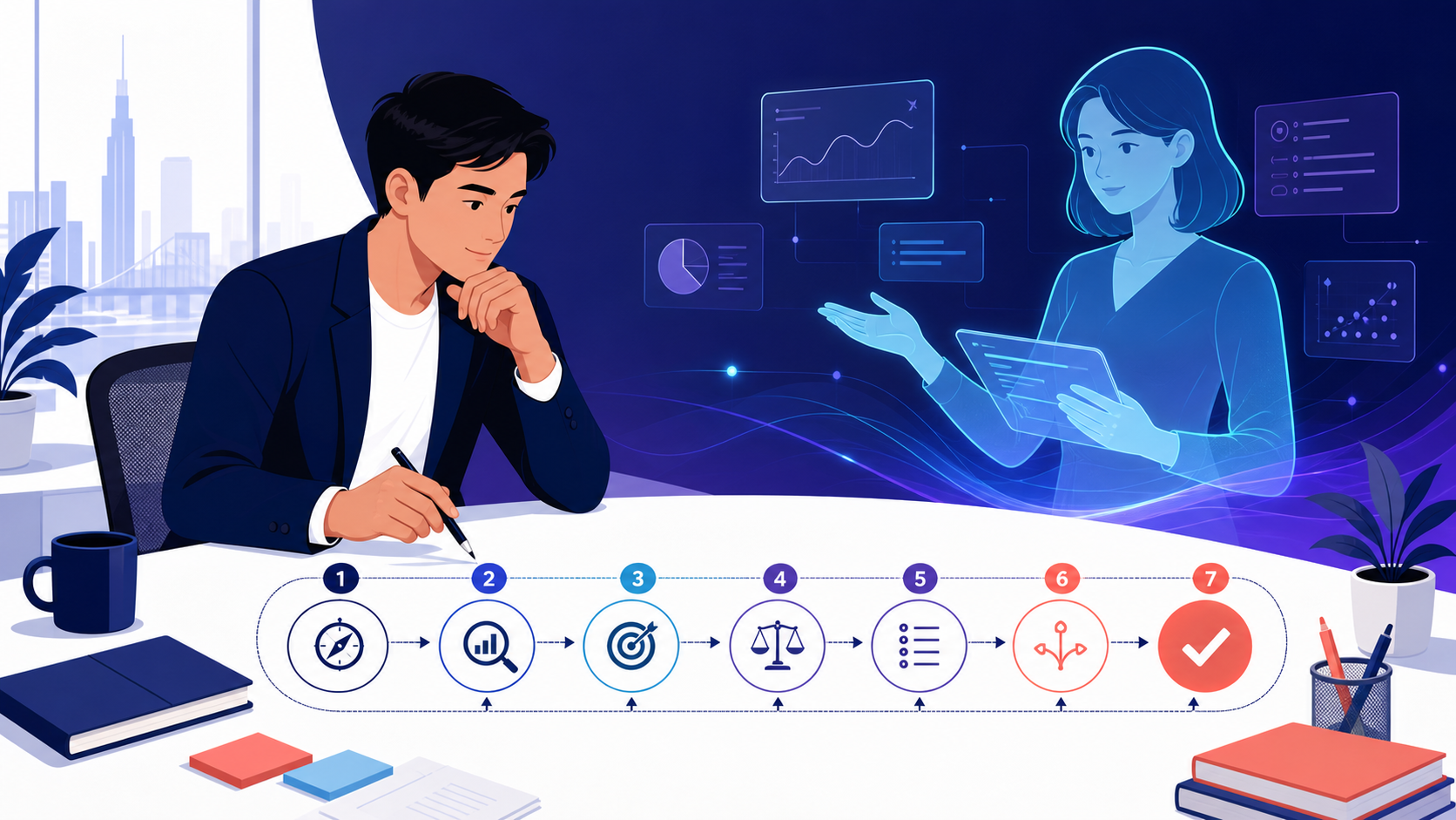 Nhà tư vấn dùng AI để phân tích nhưng vẫn giữ quyền quyết định cuối cùng; bảy biểu tượng thể hiện chuỗi từ mục tiêu đến hành động.