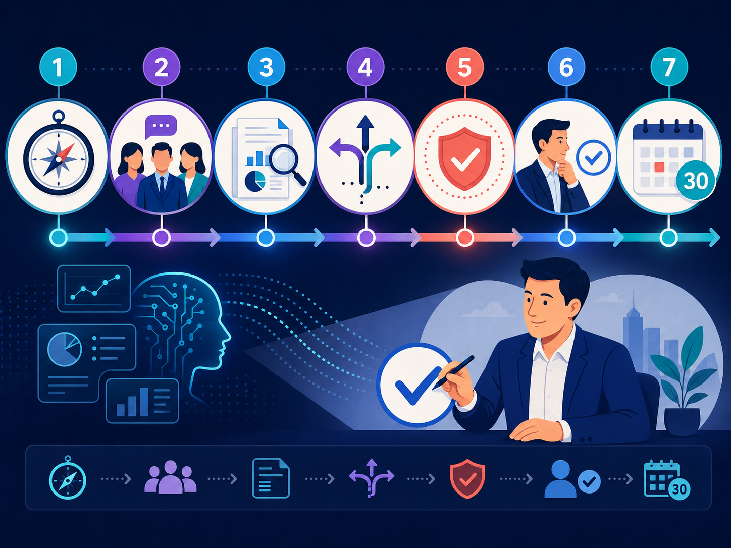 Sơ đồ bảy bước: xác định mục tiêu, lập bản đồ bên liên quan, tập hợp dữ kiện, tạo phương án, kiểm tra rủi ro, con người quyết định và lập lịch 30 ngày.