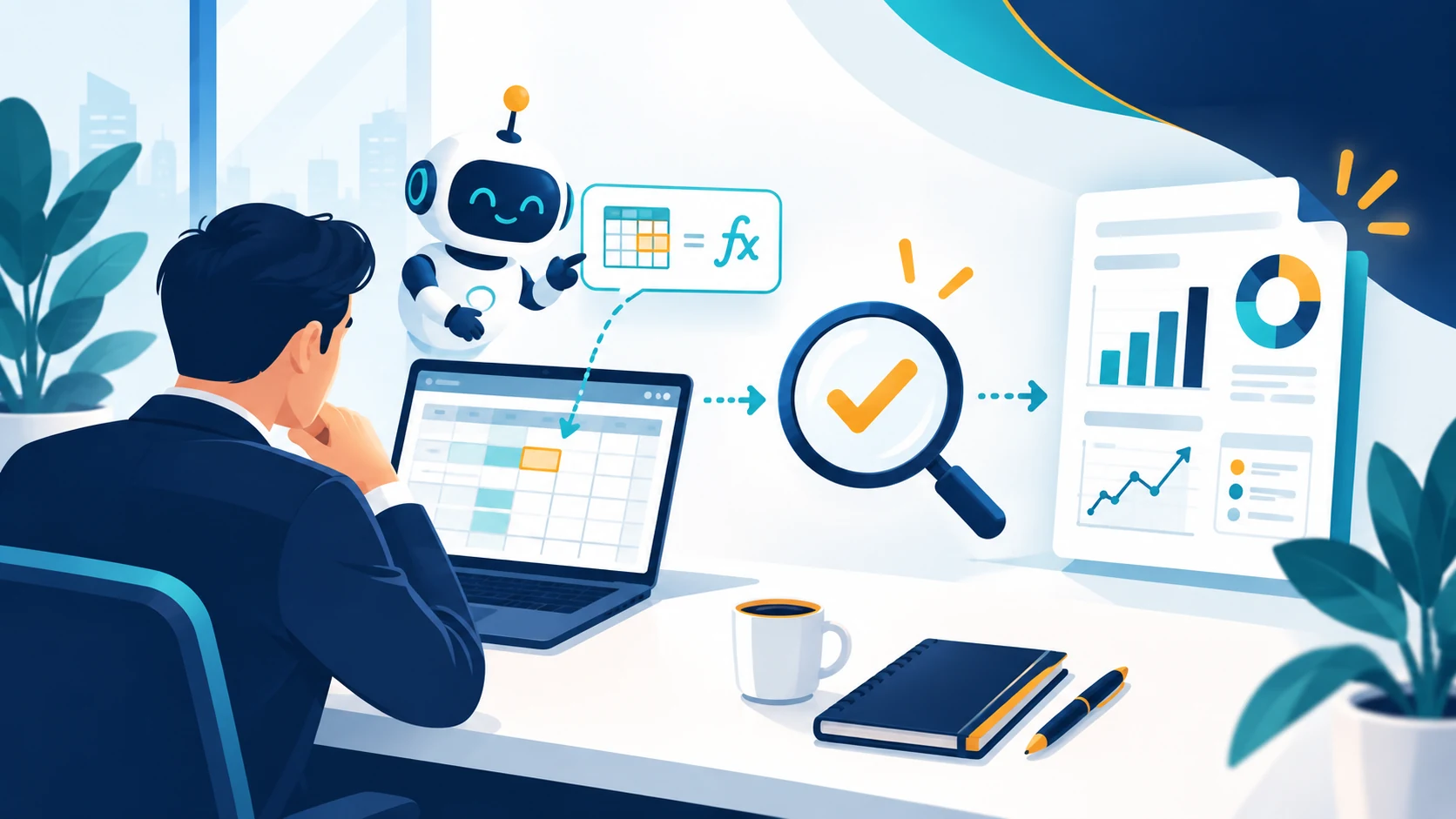 Một nhà tư vấn xem bảng tính, luồng phân tích có AI hỗ trợ và cổng kiểm duyệt trước báo cáo khách hàng.